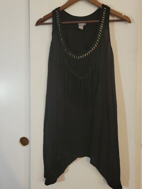 C. OLIVER Black Fringe Tank Top with Chain Detail - Women